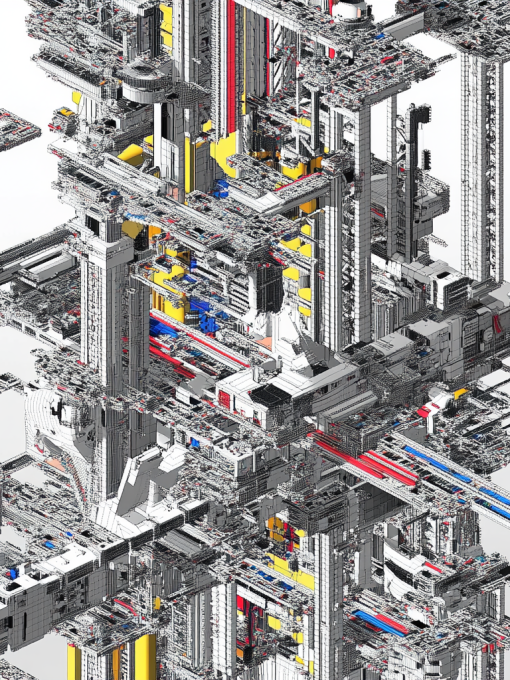lustración isométrica de una megaestructura futurista y modular, compuesta por múltiples plataformas, columnas y pasarelas interconectadas, con predominio de tonos blancos y grises y acentos en amarillo, rojo y azul, flotando sobre un fondo claro.