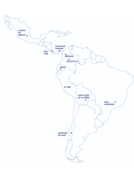 Mapa de latino américa con ciudades de la investigación