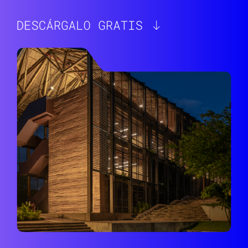 Muestra una edificación de noche hecha con técnicas de construcción tradicional y el texto descarga gratis